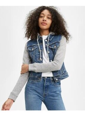Levi Strauss Women's Denim Grey Hooded Hybrid Trucker Jacket Large